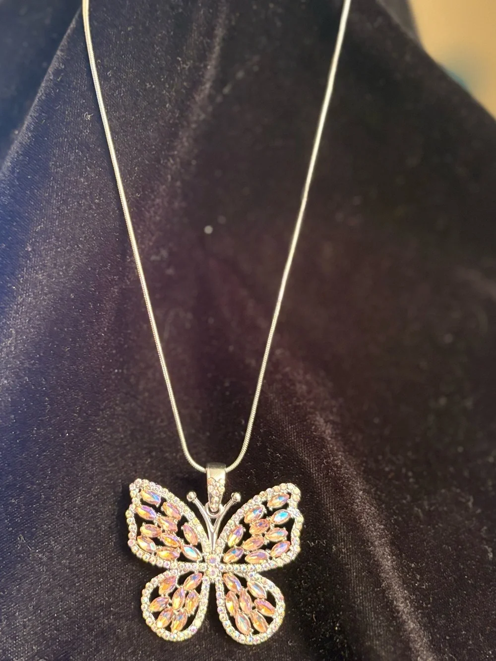 Butterfly Crystal Pendant Necklace - Iridescent Pink -